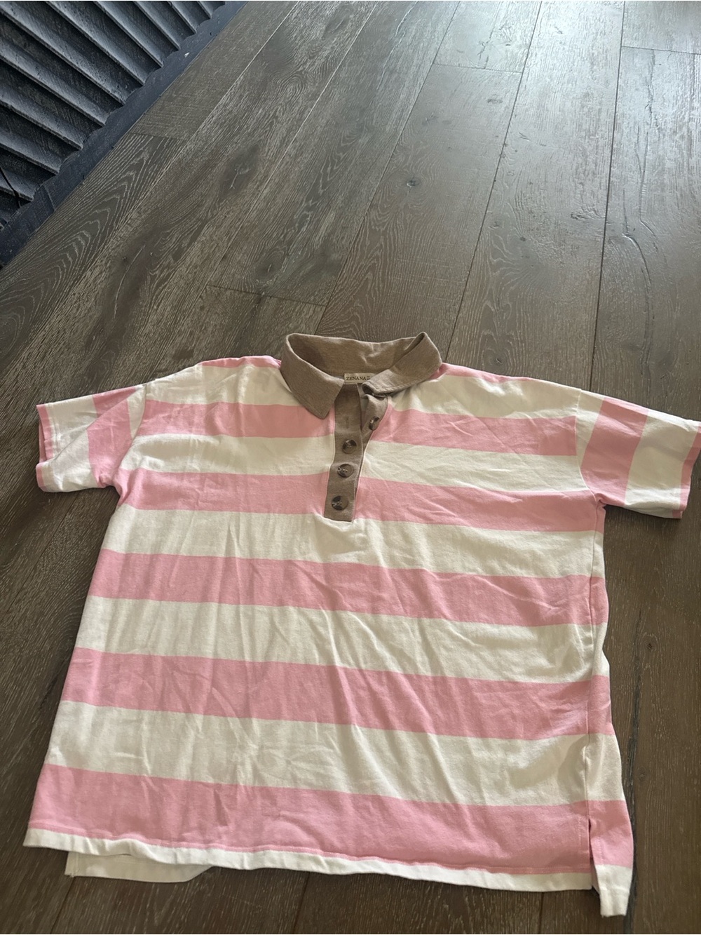 Zenana Outfitters Pink and White Striped Polo with Tan Collar